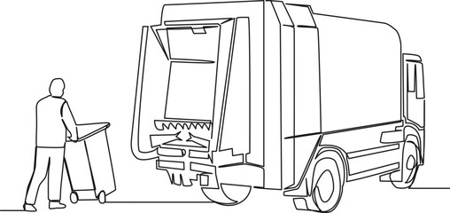 Wall Mural - continuous single line drawing of garbage truck and garbage collector with garbage can, garbage collection concept line art vector illustration