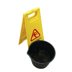 A bucket of water and a sign - carefully slippery floor, isolated on a white background. Copyspace for lettering, isolated on a white background. Caution can slip, the floor is slippery.