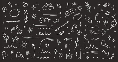 Poster - Sketch element line set on chalkboard. Abstract nature element decoration graphic icon set. Sketch hand drawn line element for brush, abstract decoration design. Vector illustration