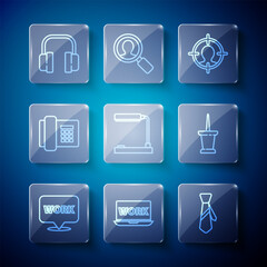 Poster - Set line Location with text work, Laptop, Tie, Head hunting concept, Table lamp, Telephone, Headphones and Push pin icon. Vector