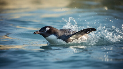 Canvas Print - Penguin diving into a blue lake Generative AI