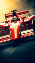 Front Close-up View Of A Red Open Wheel Race Car Driving On A Track, With A Cinematic Detail And Stunning Sunset Glow In The Background, Made With Generative AI