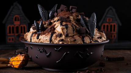 Canvas Print - Haunted house ice cream with chocolate chunks candy Generative AI