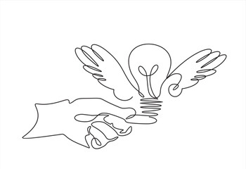 Aufkleber - Continuous One  line drawing of hand launching light bulb with wings. Creative power concept.