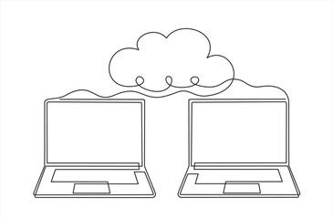 Digital technologies. Continuous One  line drawing of Exchange of information between the laptop and the cloud. A laptop glow downloads files into the cloud storage. 