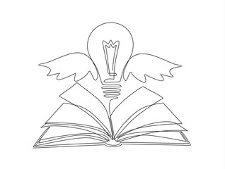 Wall Mural - One single line drawing of shining light bulb with wings above open text book logo identity. continuous line draw design graphic vector illustration