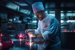 Focus male professional chef cooking modern and quality food in luxury and sophisticated expensive restaurant, generative ai image with copy space.