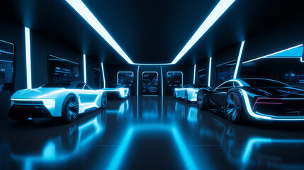 Canvas Print - A futuristic car showroom with neon lighting and adv Generative AI