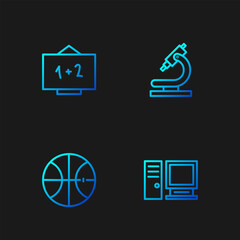 Poster - Set line Computer monitor, Basketball ball, Chalkboard and Microscope. Gradient color icons. Vector