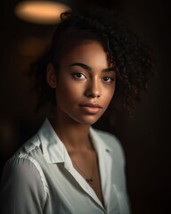 Wall Mural - Young Woman with Natural Curly Hair Photorealistic Portrait Illustration [Generative AI]