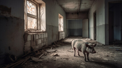 Poster - Pig in an abandoned hospital Generative AI