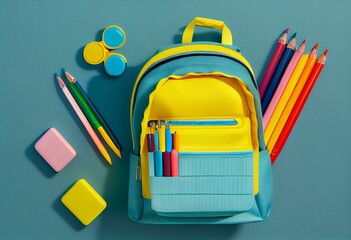 Back to school, education concept Yellow backpack with school supplies - notebook, pens, eraser rainbow, numbers isolated on blue background Top view Copy space Flat lay composition. Generative AI