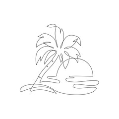 Oasis island line drawing with coconut palm tree, sunset or sunrise