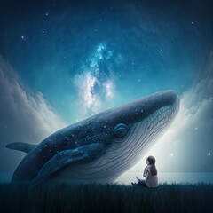 girl and whale floating in the sky Generative AI