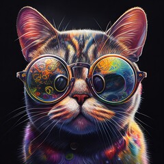 Wall Mural - portrait of a cat with glasses on a black background Generative AI