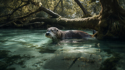 Wall Mural - An otter playing in a crystal clear river with dappl Generative AI