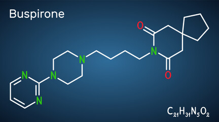 Sticker - Buspirone molecule. It is anxiolytic drug for treatment of anxiety, depression. Structural chemical formula on the dark blue background.