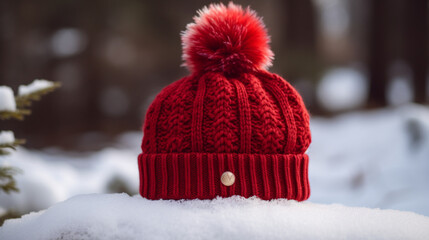 Canvas Print - A red hat with a white pompom Generative AI