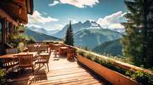 A Captivating Image Of A Luxurious Mountain Chalet Terrace, Offering An Idyllic Setting To Relax And Enjoy Breathtaking Alpine Views