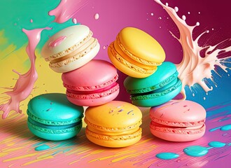 Wall Mural - Macarons with cream splashes. Splashes of ice cream. Created by a stable diffusion neural network.