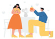 Man standing on one knee with a propose ring near his girlfriend. Flat vector minimalist illustration of proposal day