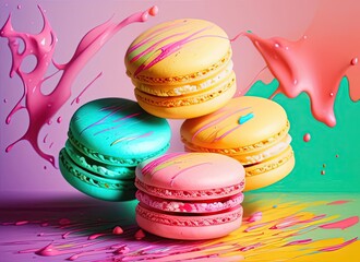 Wall Mural - Macarons with cream splashes. Splashes of ice cream. Created by a stable diffusion neural network.