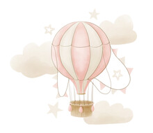 Hot Air Balloon With Cloud And Stars In Pastel Pink And Beige Colors. Hand Drawn Watercolor Illustration For Baby Shower On Isolated Background. Kid Drawing For Newborn Greeting Cards Or Invitations.