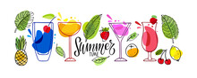 Non-alcoholic Cocktails, Fruit Ingredients, Summer Time Lettering. Various Colored Drinks. Mixed Drinks. Bright Cocktail Glasses. Exotic Tropical Beach Bar Flat Linear Cartoon Vector Icons Isolated.