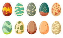 Cartoon Color Dinosaur Whole Eggs Icons Set. Vector Flat Illustration Isolated On White Background