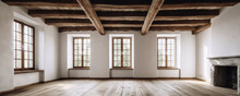 White room with wooden flooring and ceiling beams.
fire place on right. wide format. Generative AI.
