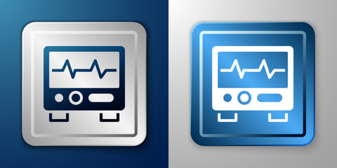 Sticker - White Computer monitor with cardiogram icon isolated on blue and grey background. Monitoring icon. ECG monitor with heart beat hand drawn. Silver and blue square button. Vector