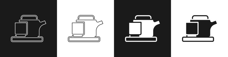 Sticker - Set Traditional tea ceremony icon isolated on black and white background. Teapot with cup. Vector