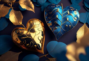 Wall Mural - Gold and blue hearts with gold leaf flecks and leaves. Generative AI