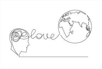 Wall Mural - Peace brain concept. Continuous one line drawing of human head with globe inside. Think world.	