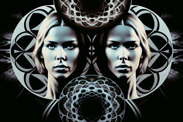 Collage with two identical faces and circular shapes. AI generated illustration.