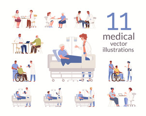 Wall Mural - Set of doctors and patients. Medical examination, consultation, diagnostics by narrow specialists. Concept of healthcare and medicine. Clinic, hospital services. Vector flat cartoon illustration.
