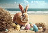 Fototapeta Nowy Jork - Easter bunny with Easter eggs on the beach. Generative AI