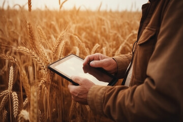 hands of a farmer with a digital tablet computer on the background of a wheat field.smart farming. non-existent person.ai generative