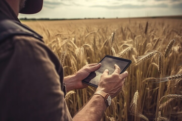 hands of a farmer with a digital tablet computer on the background of a wheat field.smart farming. non-existent person.ai generative