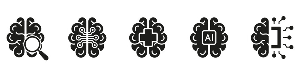 Poster - Human Brain Silhouette Icon Set, AI Concept. Digital Technology, Neurology Science Solid Pictogram. Artificial Intelligence Glyph Symbol Collection on White Background. Isolated Vector Illustration