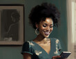 A stylishlydressed black woman cannot contain her excitement as she reads through her phone her dazzling white teeth radiating the. AI generation