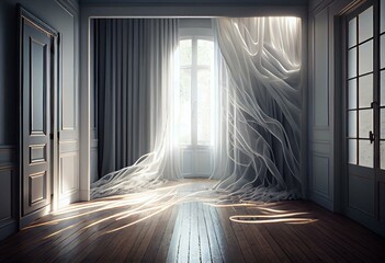 Wall Mural - Light flooded room with floating curtains - Generative AI