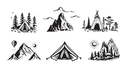 Wall Mural - Camping set, Mountain landscape, hand drawn style, vector illustration.