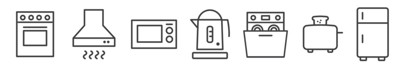 Wall Mural - kitchen appliances and white goods - thin line icon collection on white background