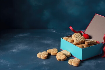 Wall Mural - Gift box with red hearts shaped cookies on the blue background.