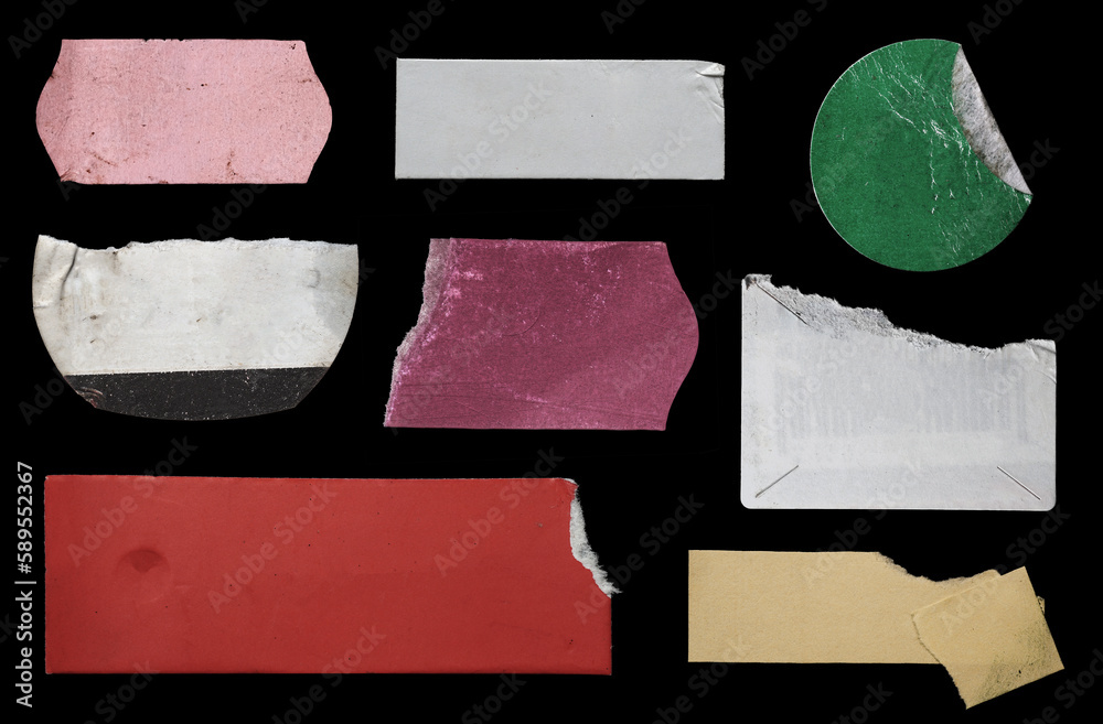 collection of blank old sticker, label, price tag template for mockup. isolated dirty, ripped, half peeled stickers
