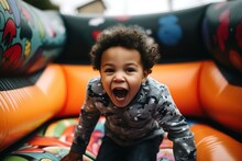 African American Child Playing And Jumping In Inflatable Bouncy Castle. Generative AI