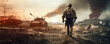 Surviving the Battlefield: Military Special Forces Soldier Walking Through Warzone Aftermath. Generative AI