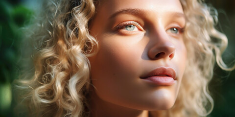 Curly beautiful young woman with dewy skin outdoors. Generative AI. 