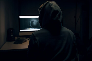 Poster - hacker in hoodie sit back in front of the computer